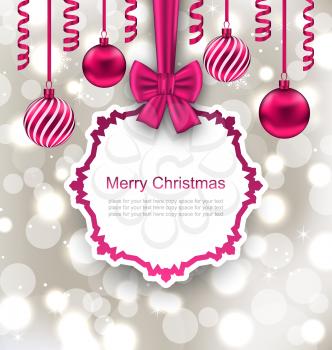 Illustration Greeting Paper Card with Bow Ribbon and Christmas Balls, Light Background - Vector