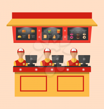 Illustration Workers with Cash Register in Cafe with Fast Food - Vector