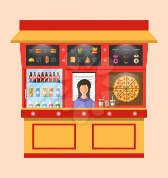 Illustration Showcase Shop of Fast Food with Seller, Modern Simple Design - Vector
