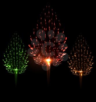 Festive firework different color shape pine bursting sparkling set isolated black background - vector