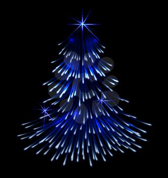 Blue spruce fir christmas  trace fireworks make shape pine black background - vector