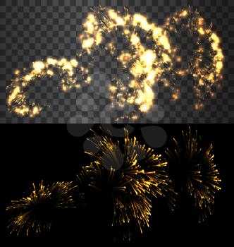 Set of isolated golden fireworks on black and transparent backdrop - vector