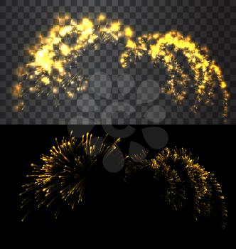 Golden firework explodes on black sky and transparent background - vector illustration