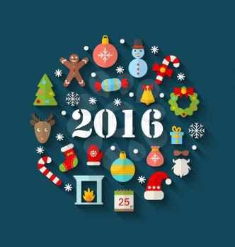 Illustration Colorful Simple Flat Icons with Long Shadows for Happy New Year 2016 - Vector