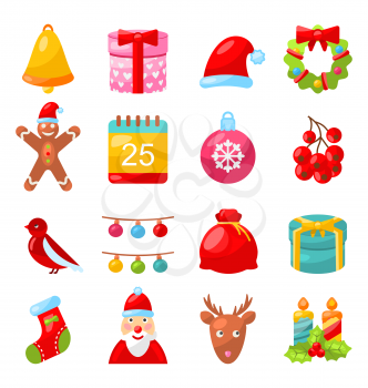 Illustration Christmas Colorful Traditional Symbols, Simple Style - Vector
