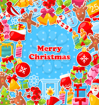 Illustration Merry Christmas Greeting Card with Traditional Colorful Objects - Vector