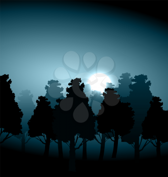 Valley in the middle of forest in the moonlight morning fog - vector illustration