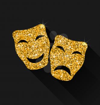 Illustration Comedy and Tragedy Masks with Golden Shimmering Texture for Carnival or Theatre - Vector