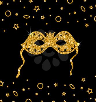 Illustration Golden Shimmering Carnival Mask with Tinsel on Dark Background - Vector