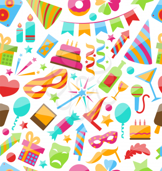 Illustration Festive Seamless Wallpaper with Carnival and Party Colorful Icons and Objects - Vector