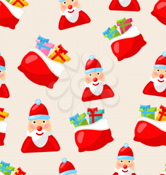 Illustration Christmas Seamless Texture with Santa Claus and Bag of Gifts - Vector