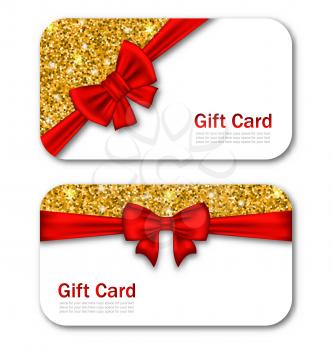 Illustration Gift Cards with Red Bow Ribbon and Golden Sparkles. Template for Greeting Cards, Invitations, Voucher Design - Vector