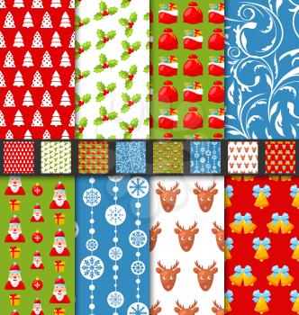 Set seamless christmas pattern santa xmas stag toys snowflakes for textile design and packaging paper - vector illustration