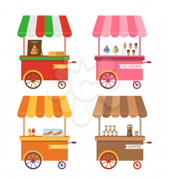Illustration Set Icons of Trolley Cart of Pizza, Stand of Ice Creams, Showcase with Hot Dogs, Cart of Coffee. Isolated on White Background - Vector