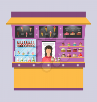 Illustration Sweet Shop with Cakes, Ice Creams, Muffins, Cupcakes, Coffee - Vector