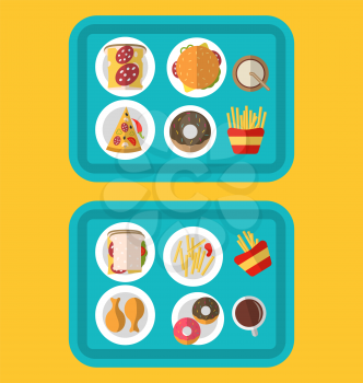 Illustration Plastic Trays with Fast Food (Cheeseburger, French Fries, Bread, Pizza, Chiken Legs, Donuts) and Drinks - Vector