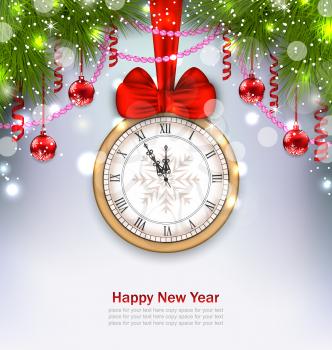 Illustration New Year Midnight Background with Clock, Balls and Fir Twigs - Vector