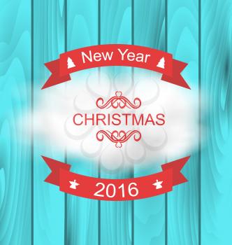 Illustration Merry Christmas Typography Lettering Design on Blue Wooden Texture - Vector