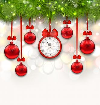 Illustration New Year Shimmering Background with Clock, Fir Branches and Glass Balls - Vector