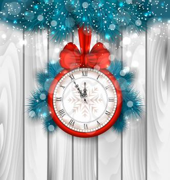 Illustration New Year Midnight Shimmering Background with Clock and Fir Branches - Vector