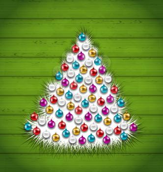 Illustration Abstract Christmas Tree Decorated Colorful Balls on Green Wooden Background - Vector