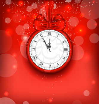 Illustration New Year Midnight Background with Clock and Bow Ribbon - Vector