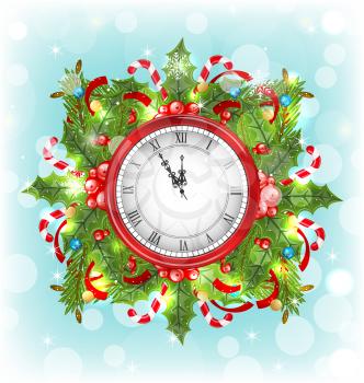 Illustration Clock with Christmas Holiday Decoration, Beautiful Banner - Vector