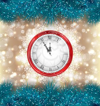 Illustration New Year Midnight Background with Clock and Fir Twigs - Vector