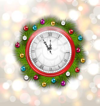 Illustration Christmas Wreath with Clock, New Year Decoration on Magic Background - Vector