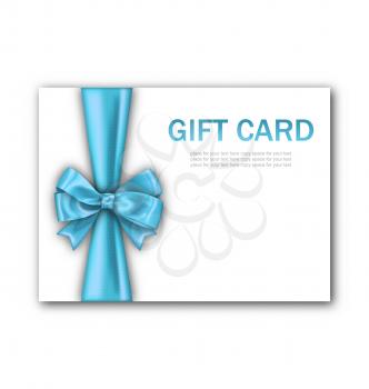 Illustration Decorated Gift Card with Blue Ribbon and Bow, Gift Voucher Template, Certificate Design - Vector
