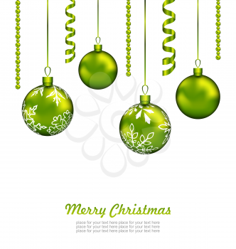 Illustration Christmas Card with Green Balls and Streamer, Isolated on White Background - Vector