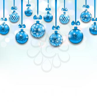 Illustration Christmas Blue Glassy Balls with Bow Ribbon, Shimmering Light Background - Vector