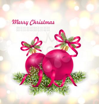 Illustration Merry Christmas Celebration Card with Glass Balls and Fir Branches - Vector