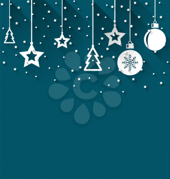 Illustration Xmas background with fir, balls, stars, trendy flat style - vector