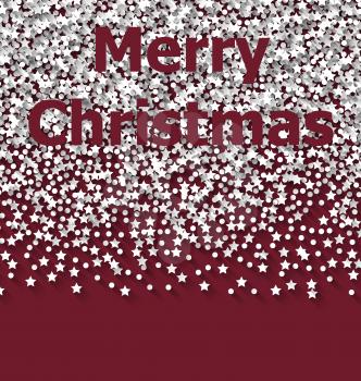 Lettering Merry Christmas on red backdrop white snow particles - vector