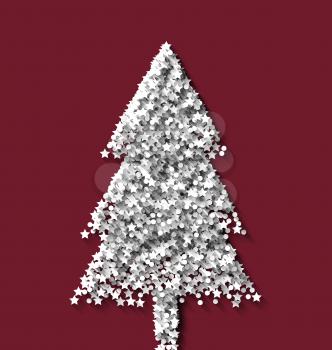 Tree fir xmas on red backdrop made from white hoarfrost particles - vector