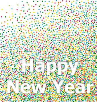 Happy New Year lettering title on colorful particles confetti background - vector