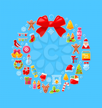 Illustration Christmas Wreath Assembled from Colorful Traditional Objects. Flat Minimal Style Elements - Vector