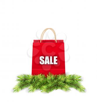 Illustration Christmas Shopping Sale Bag with Fir Branches - Vector