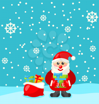 Jolly Christmas Santa Holding Up A Stack Of Presents In The Snow - vector