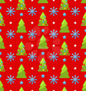 Red seamless Christmas pattern green fir and showflake - vector