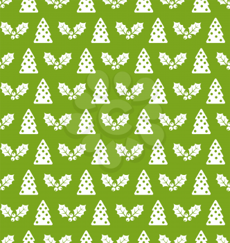 Seamless Christmas pattern fir tree and holly berry on green background - vector