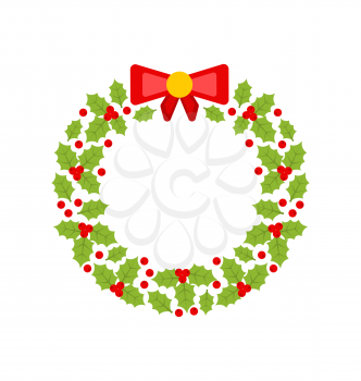 Illustration Christmas Wreath Made of Holly Berries Isolated on White Background, Minimalism Style - Vector
