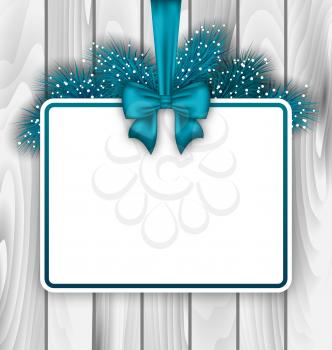 Illustration Merry Christmas Elegant Card with Bow Ribbon and Pine Branches, on Wooden Background - Vector