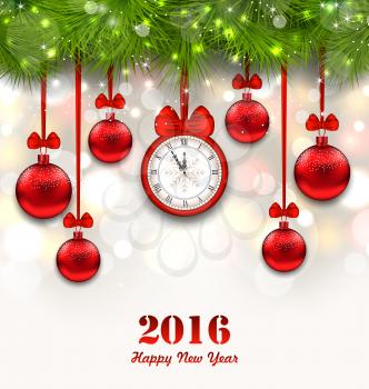 Illustration New Year Magic Background with Clock, Fir Twigs and Glass Balls - Vector