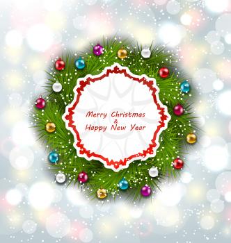 Illustration Celebration Card with Christmas Wreath and Balls, New Year Decoration on Magic Background - Vector