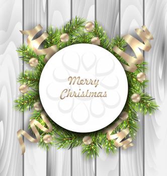 Illustration Merry Christmas Card with Fir Twigs, Balls and Serpentine, Wooden Background - Vector