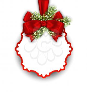 Illustration Christmas Greeting Card with Fir Twigs and Bow Ribbon, Isolated on White Background - Vector