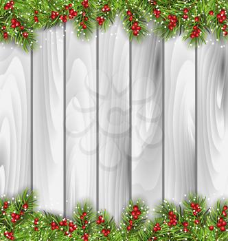 Illustration Holiday Wooden Background with Fir Branches and Berries, Copy Space for Your Text - Vector