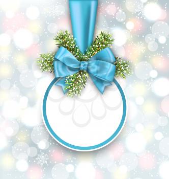 Illustration Merry Christmas Elegant Card with Bow Ribbon and Pine Twigs, on Shimmering Background - Vector